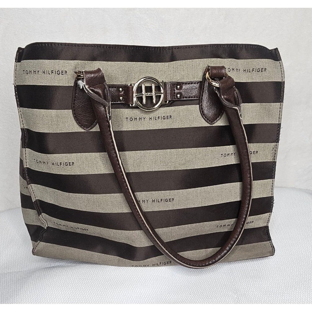 Tommy Hilfiger Tote Bag Large Brown Tan Striped Canvas Gold Tone Hardware Logo